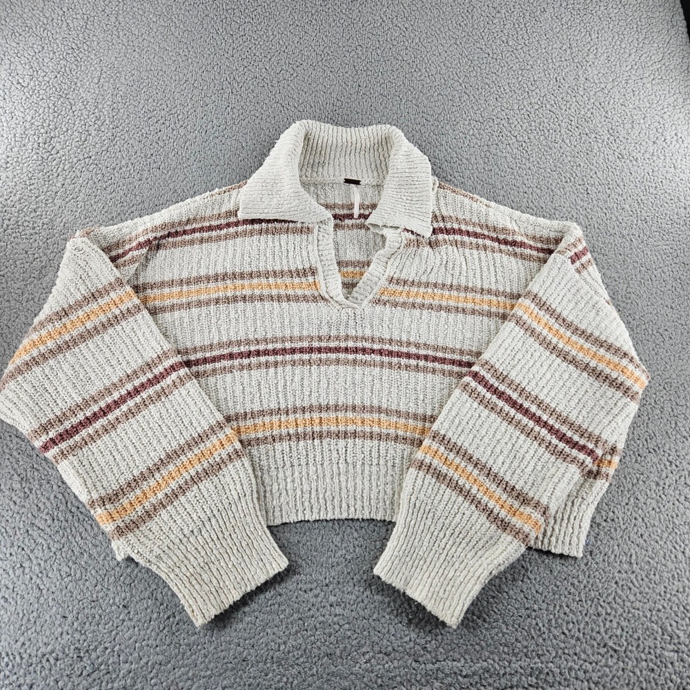 Free People Kennedy Stripe Sweater Womens Large White Brown Pullover Boho